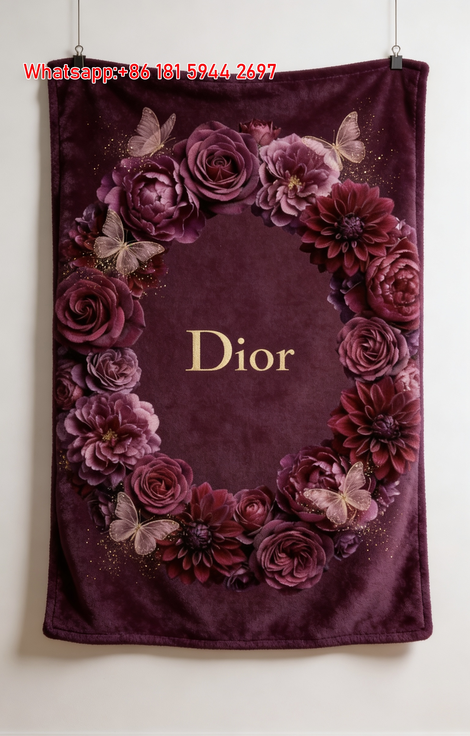 Dior Burgundy Floral Butterfly Flannel Sofa Throw Blanket D212